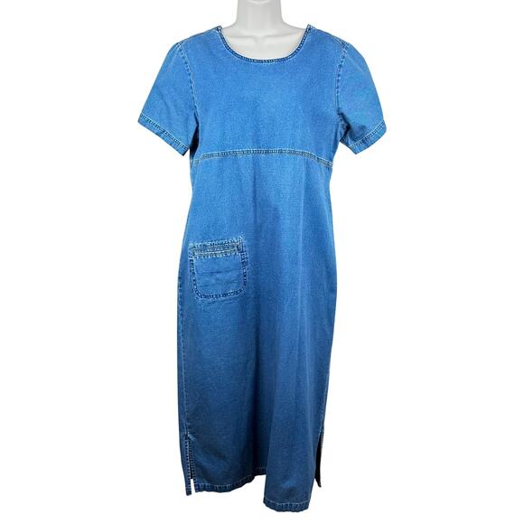 Vintage Christopher & Banks Denim Dress Midi Short Sleeve Medium Modest Church - Picture 1 of 11